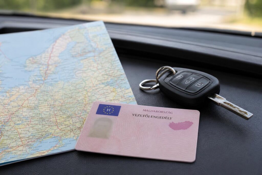Érvényes magyar vezetői engedély autókulcs és európai úti térkép mellett