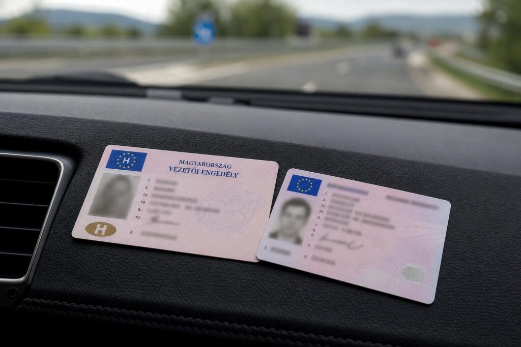 Magyar és másik uniós vezetői engedély egy autó műszerfalán, külföldi okmánycserére utaló környezetben