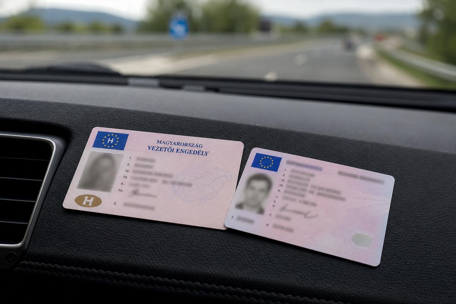 Magyar és másik uniós vezetői engedély egy autó műszerfalán, külföldi okmánycserére utaló környezetben