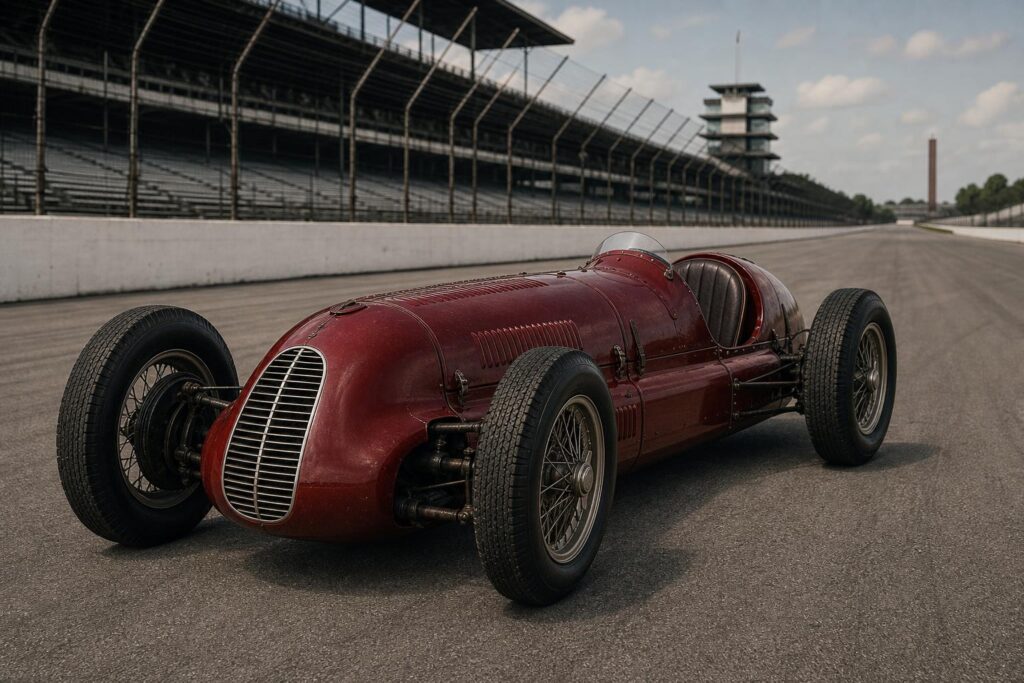 A sötétvörös Maserati 8CTF Boyle Special korabeli versenypályán