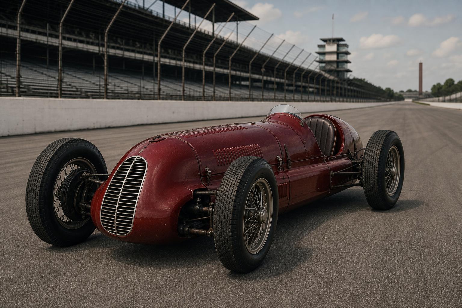 A sötétvörös Maserati 8CTF Boyle Special korabeli versenypályán