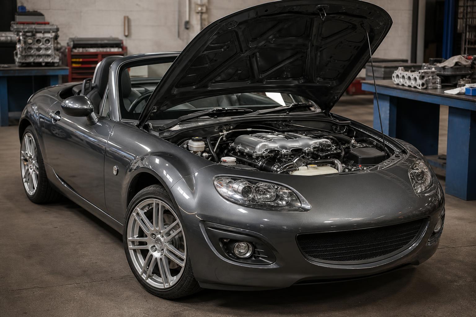 Jaguar V6 motorral átépített Mazda MX-5 NC egy műhelyben