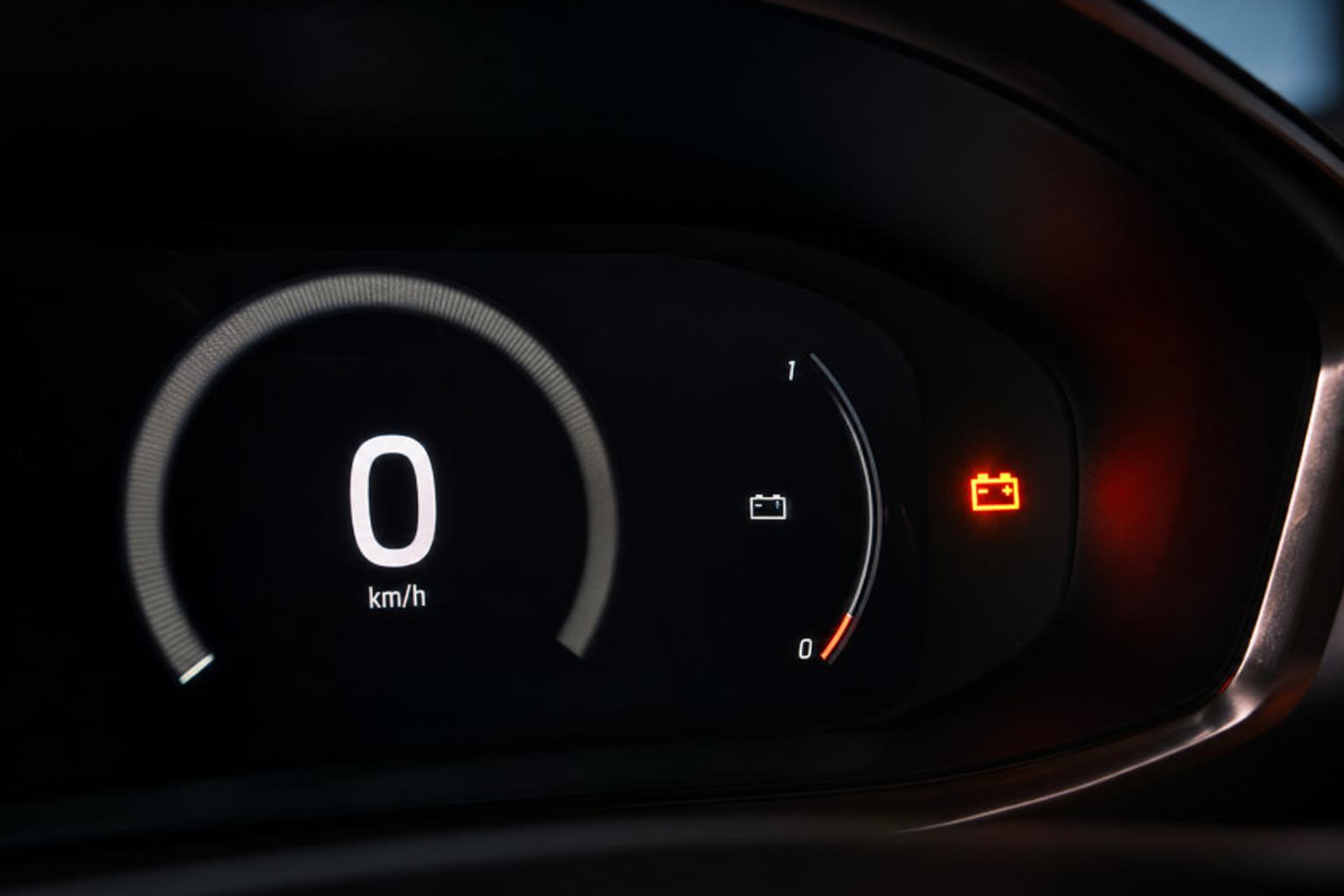Elektromos autó műszerfala alacsony akkumulátortöltöttséget jelző gyári piktogrammal