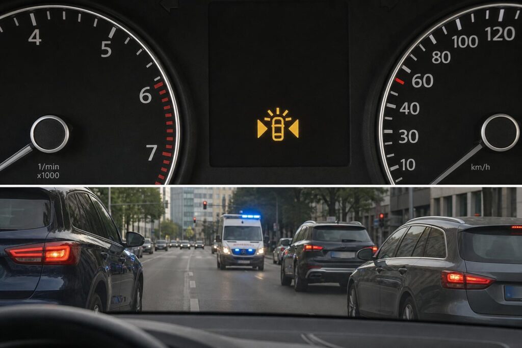 Kék fényjelzést használó mentőautó közeledik, miközben az autók félrehúzódva szabad utat adnak a forgalomban
