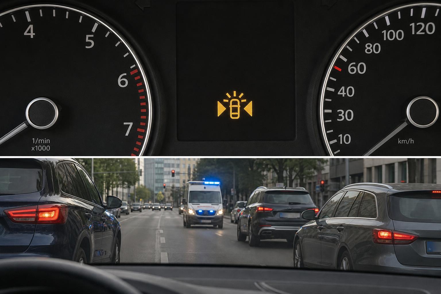 Kék fényjelzést használó mentőautó közeledik, miközben az autók félrehúzódva szabad utat adnak a forgalomban