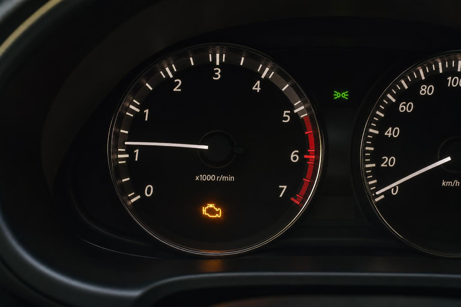 Meleg motor mellett ingadozó fordulatszámot mutató autóműszerfal és világító motorhiba-jelzés