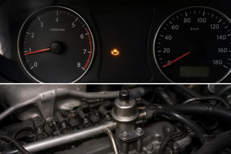 Üzemanyag-nyomásszabályzó és befecskendező rendszer részlete egy autó motorterében
