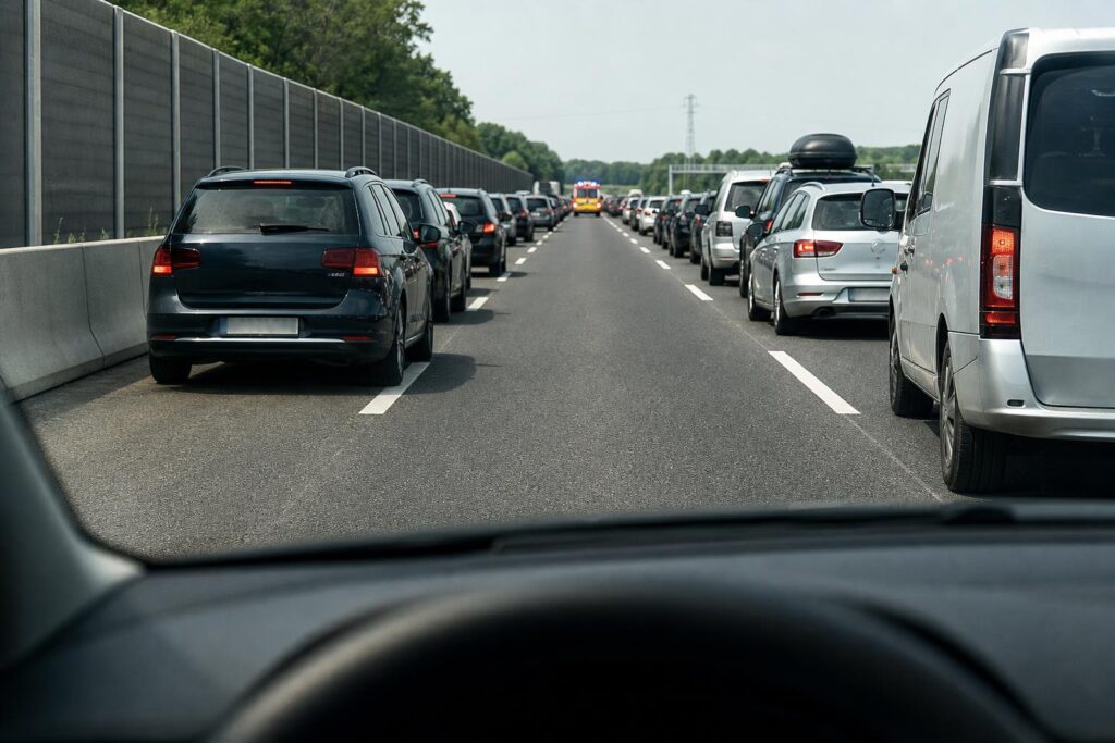 Torlódó autópálya forgalma mentősávval a bal szélső és a többi sáv között