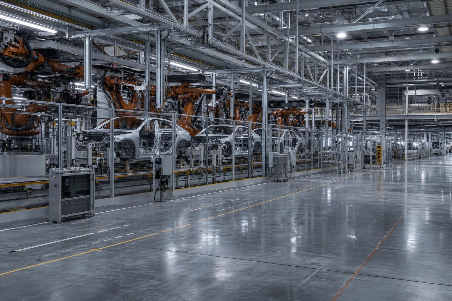Mercedes-üzem gyártósora a német autóipar bizonytalanságát idéző illusztráción