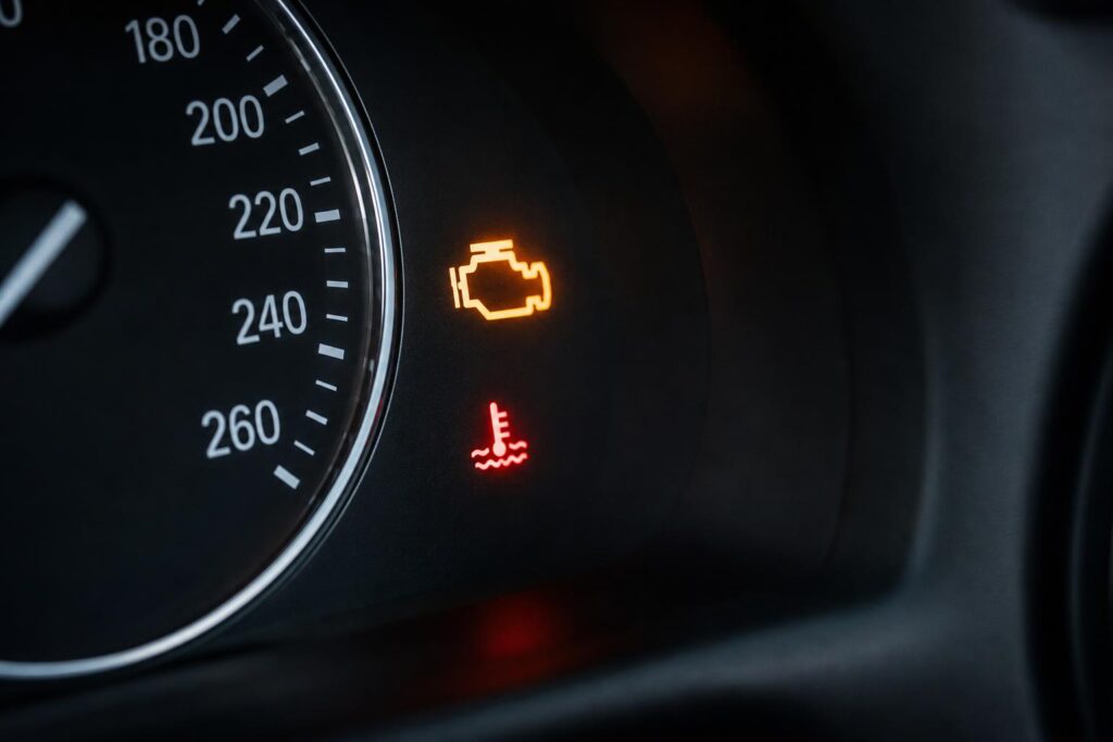 Autó műszerfala világító motorhiba- és hőmérséklet-figyelmeztető jelzéssel a kopogó motor témájához