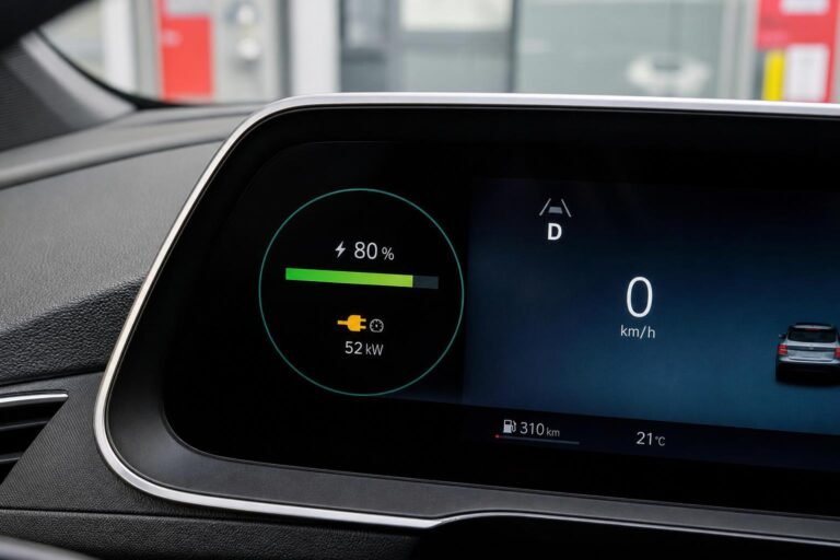 Elektromos autó műszerfala magas töltöttségnél csökkenő gyorstöltési teljesítményt jelez