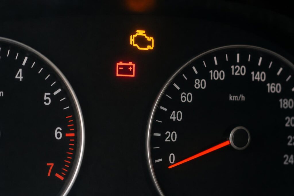 Autó műszerfala melegindítási hibára utaló motorhiba- és akkumulátor-visszajelzővel
