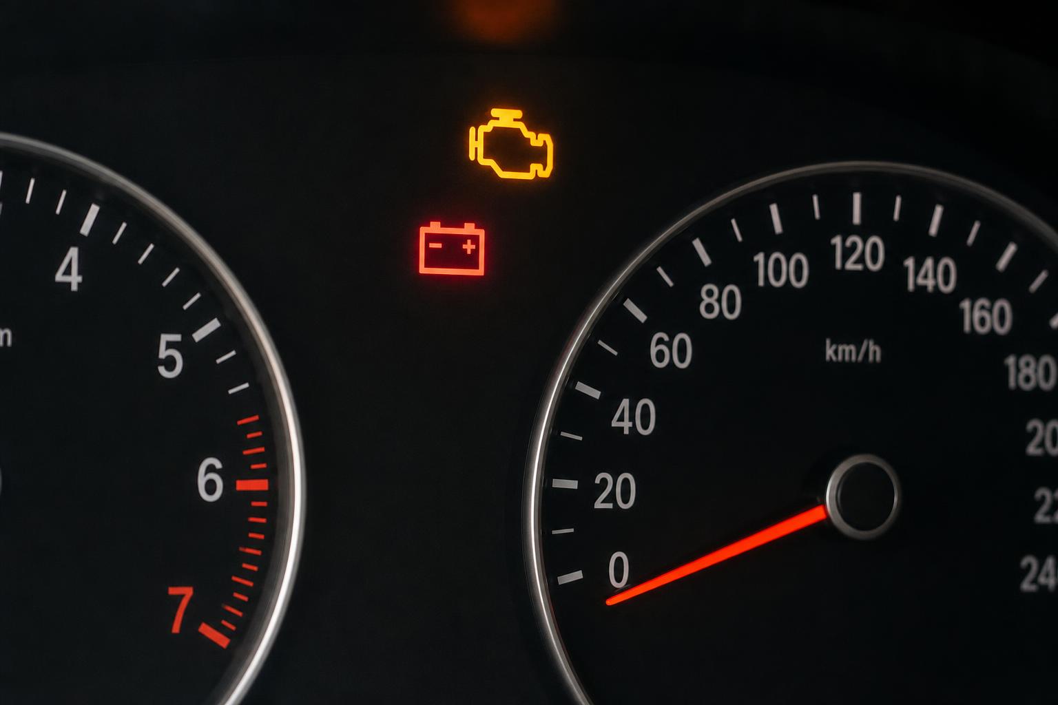 Autó műszerfala melegindítási hibára utaló motorhiba- és akkumulátor-visszajelzővel