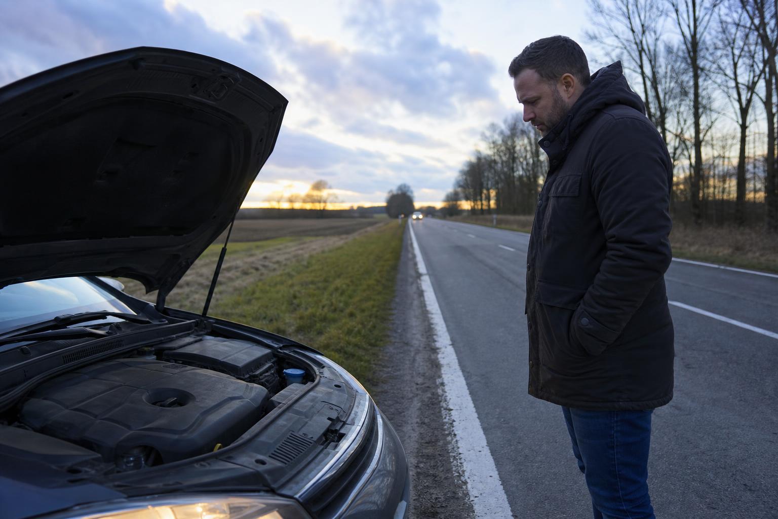 Út szélén álló autó nyitott motorháztetővel, amely nem indul
