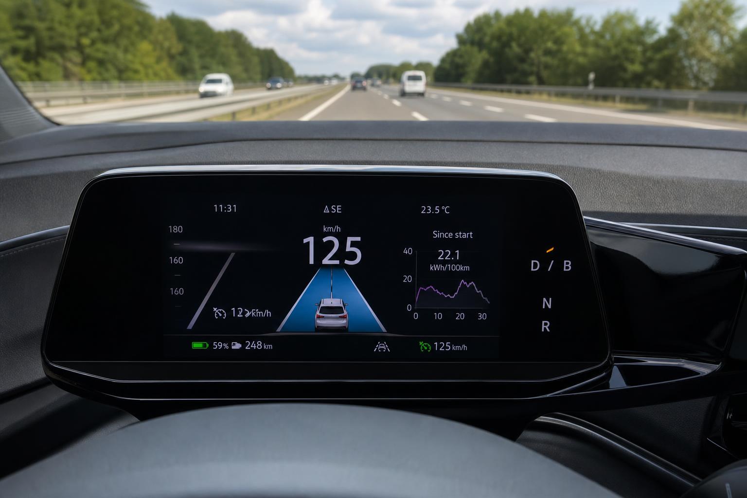 Elektromos autó műszerfala autópályás haladás közben, energiafogyasztást kijelző műszerrel