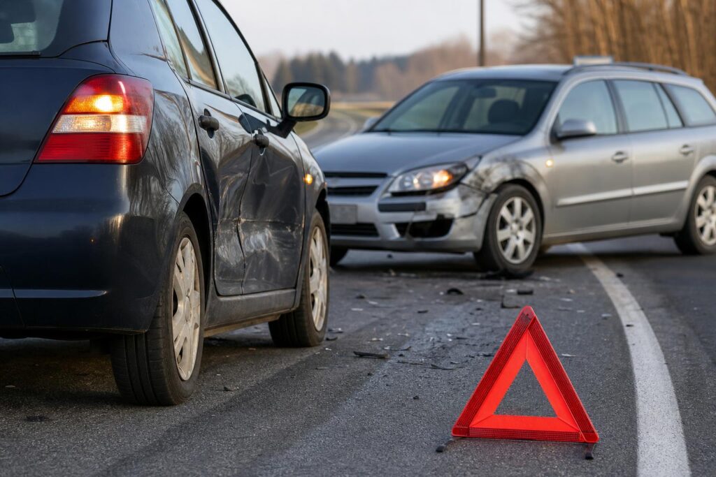 Közúti balesetben megsérült két autó vészvillogóval és elakadásjelző háromszöggel az úton