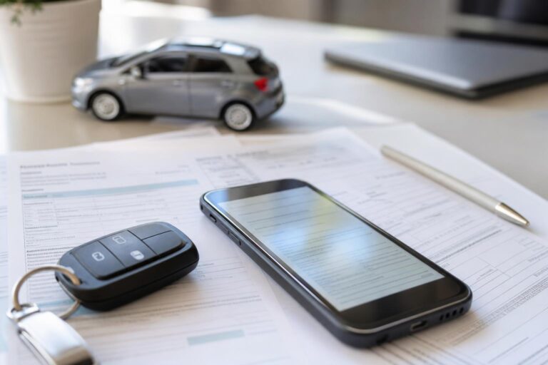 Autóbiztosítási dokumentum és telefon a kötelező biztosítás váltásának ellenőrzéséhez