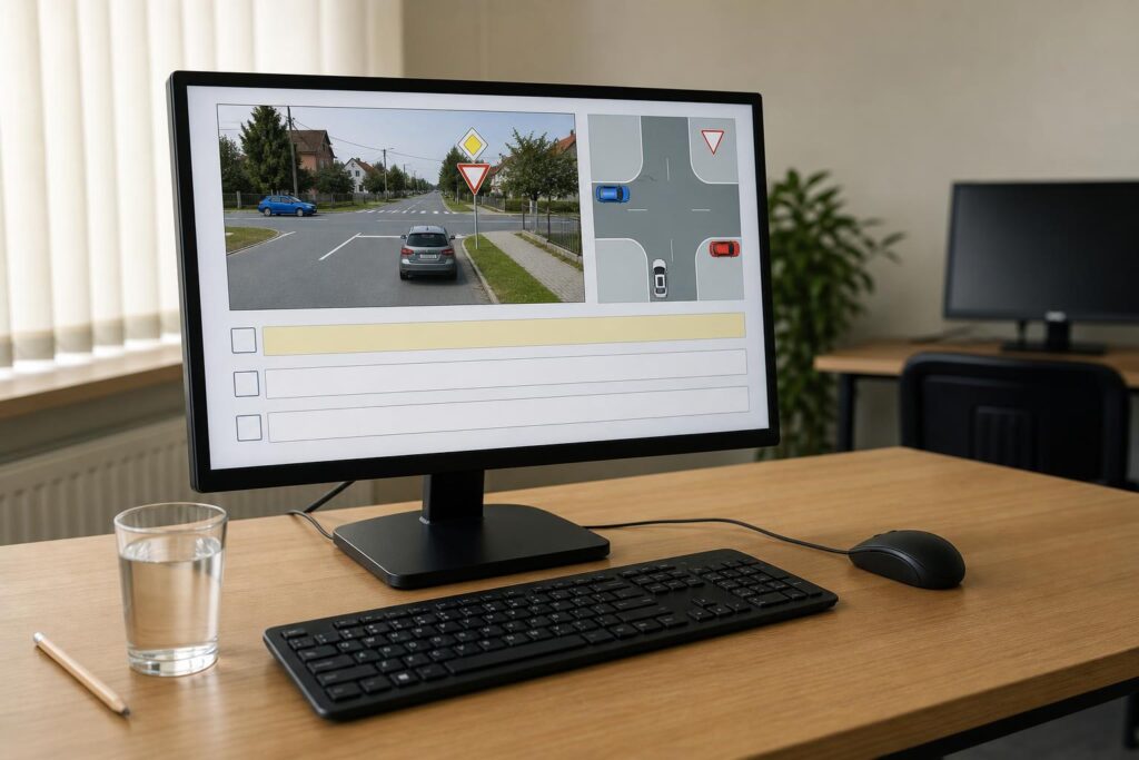 KRESZ-vizsgára használt számítógépes munkaállomás közlekedési helyzetet ábrázoló képernyővel