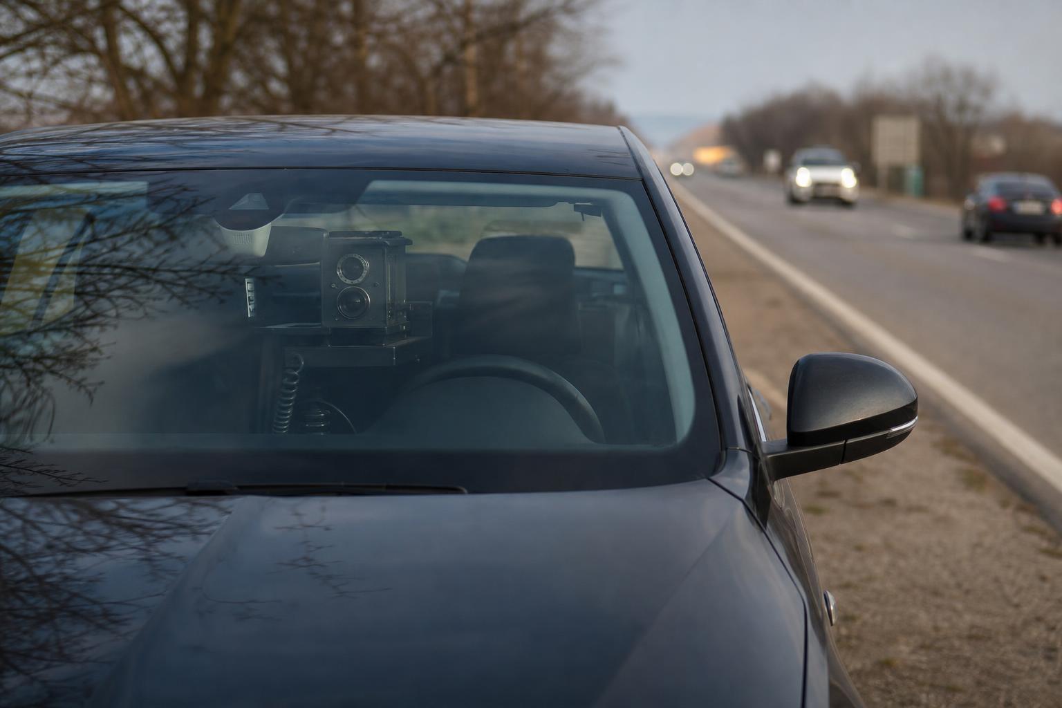 Civil jellegű autóban elhelyezett mobil traffipax út menti sebességellenőrzés közben
