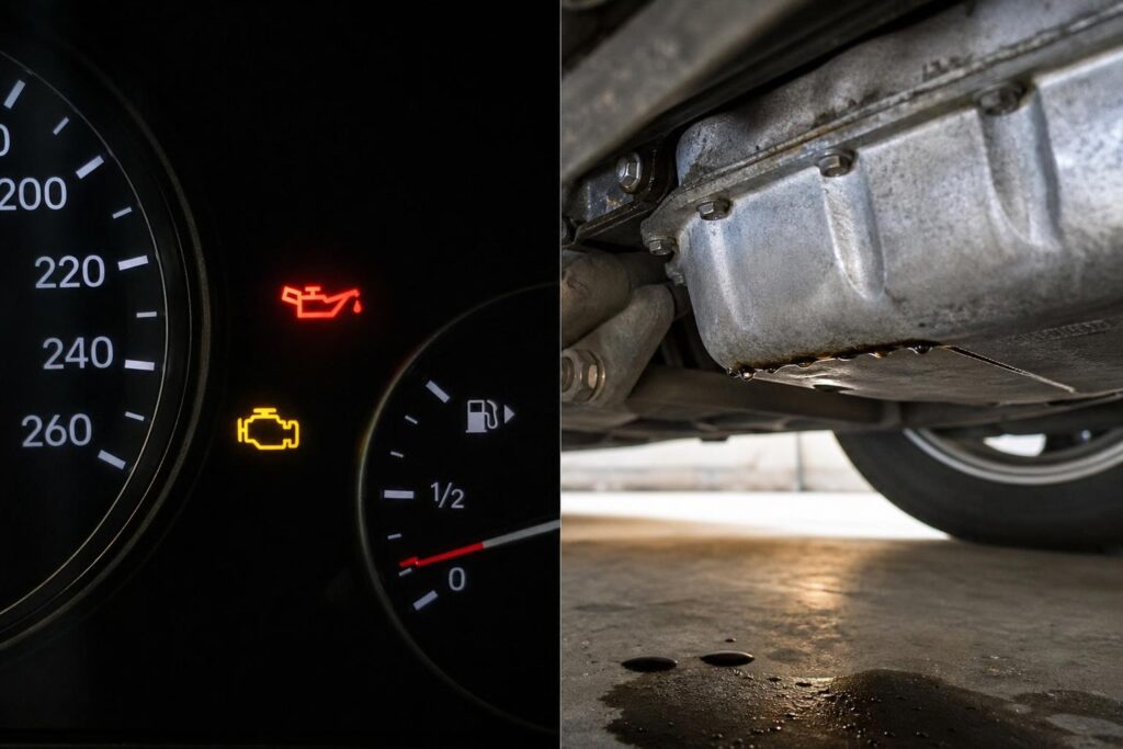 Motor alsó részén, az olajteknő tömítésénél látható friss olajszivárgás