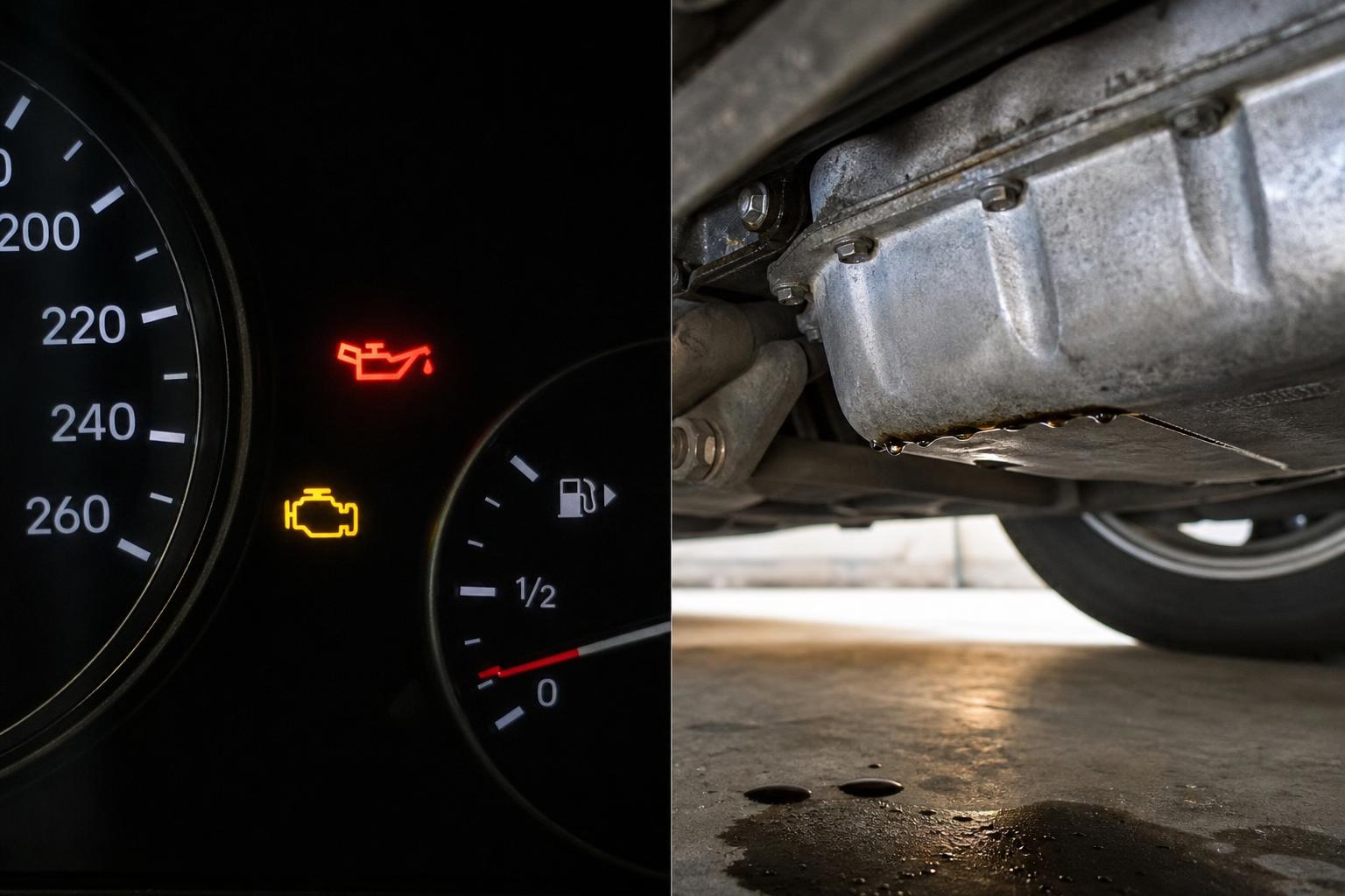 Motor alsó részén, az olajteknő tömítésénél látható friss olajszivárgás