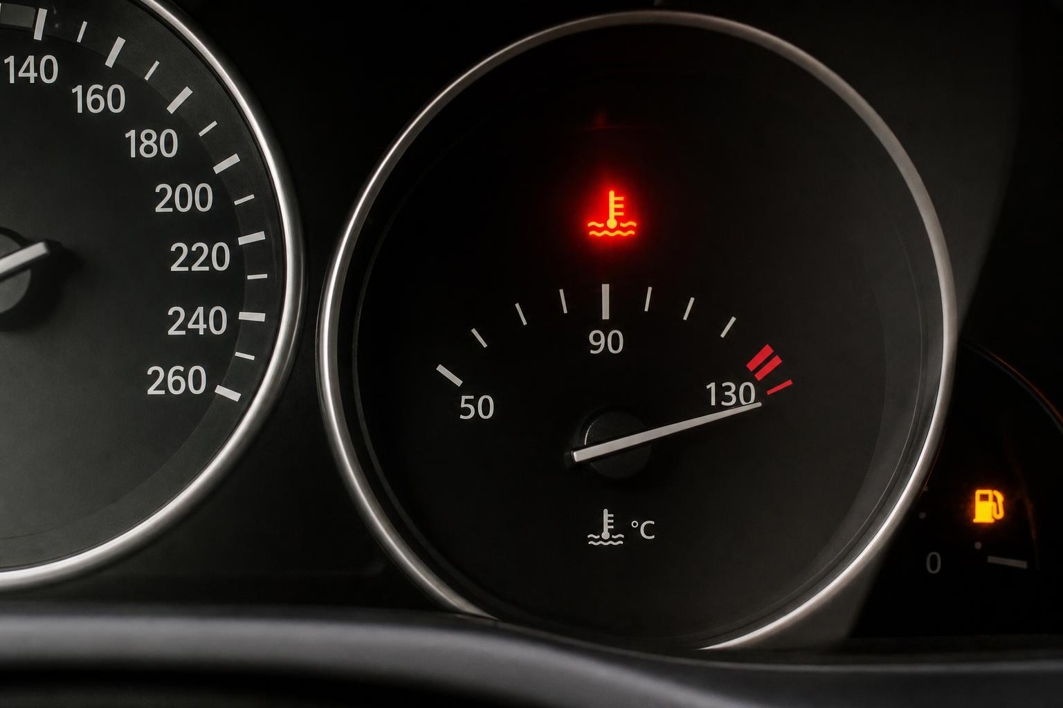 Autó műszerfala magas motorhőmérsékletet jelző piros figyelmeztető ikonnal