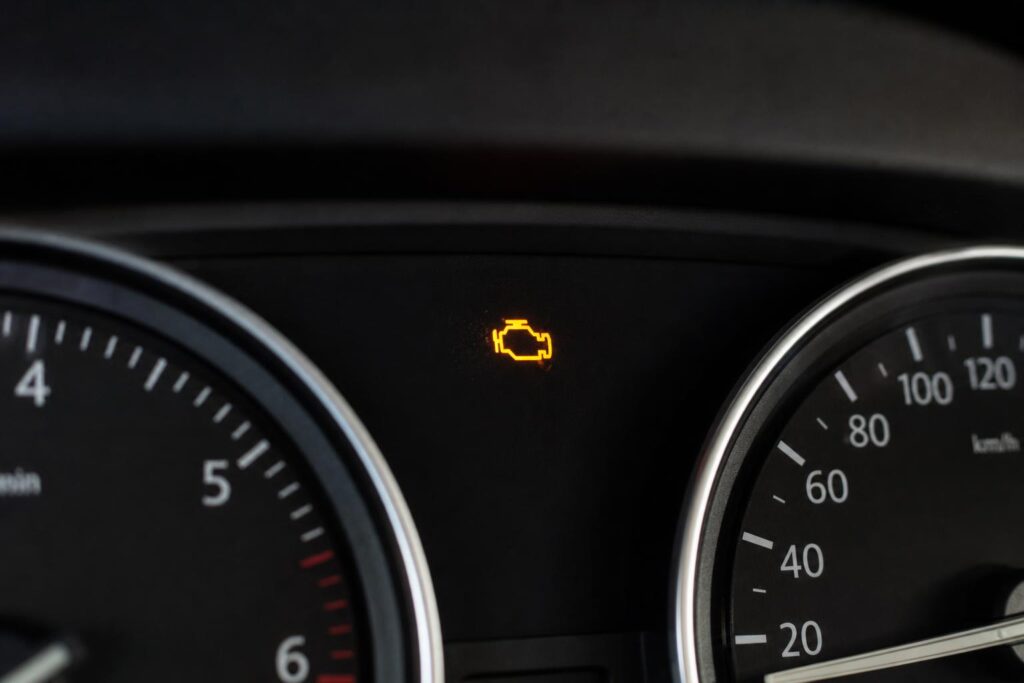 Autó műszerfala világító motorhiba-jelzővel, amikor a motor csak gázadásra marad járva