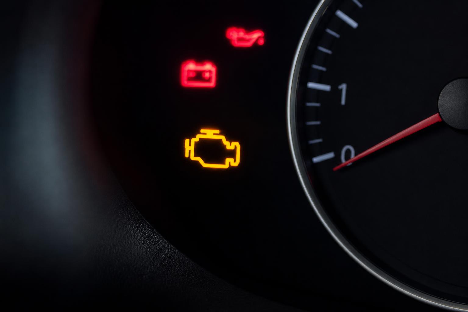 Autó műszerfala motorhiba-jelzéssel nehéz indítás közben