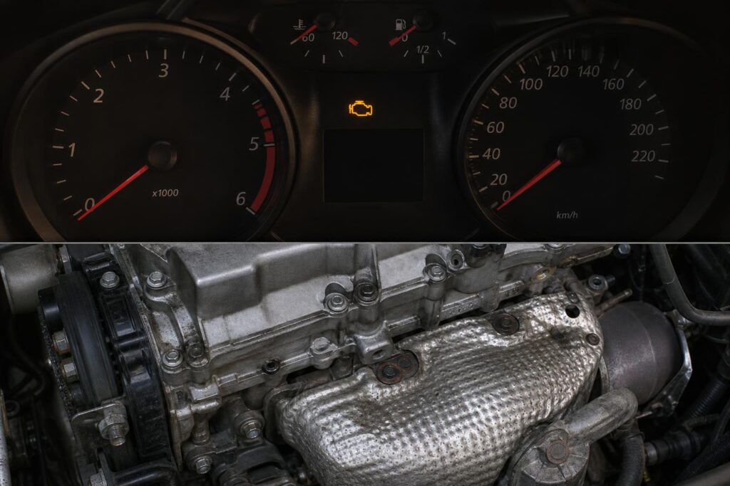 Autómotor közeli részletei a vezérműlánc és a kipufogó hővédő lemeze környékén