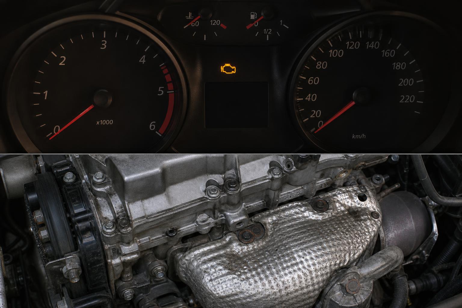 Autómotor közeli részletei a vezérműlánc és a kipufogó hővédő lemeze környékén