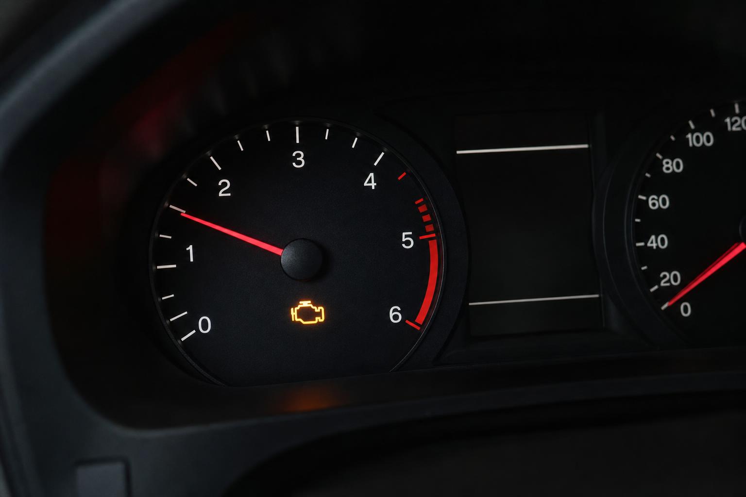 Autó műszerfala magasabb fordulatszámot és világító motorhiba-jelzőt mutat