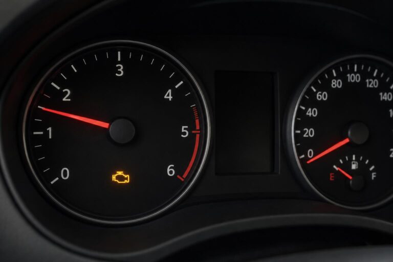 Autó műszerfalának közeli képe magas motorfordulatot és világító motorhiba-jelző ikont mutat
