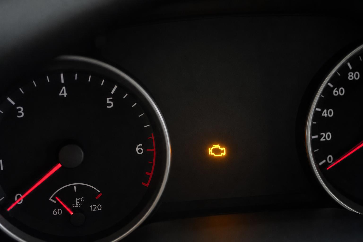 Autó műszerfala villogó sárga motorhiba-jelző ikonnal, amely a hengerező motor lehetséges hibájára utal