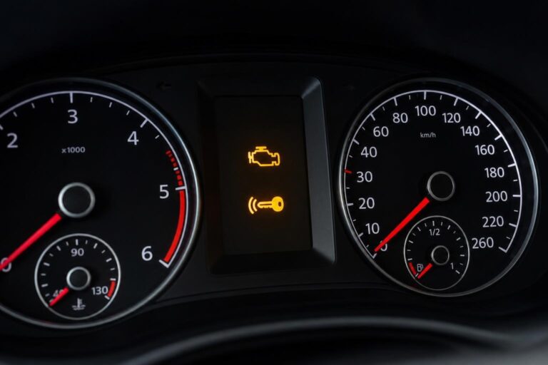 Autó műszerfala indítás után világító motorhiba- és immobiliser-jelzéssel