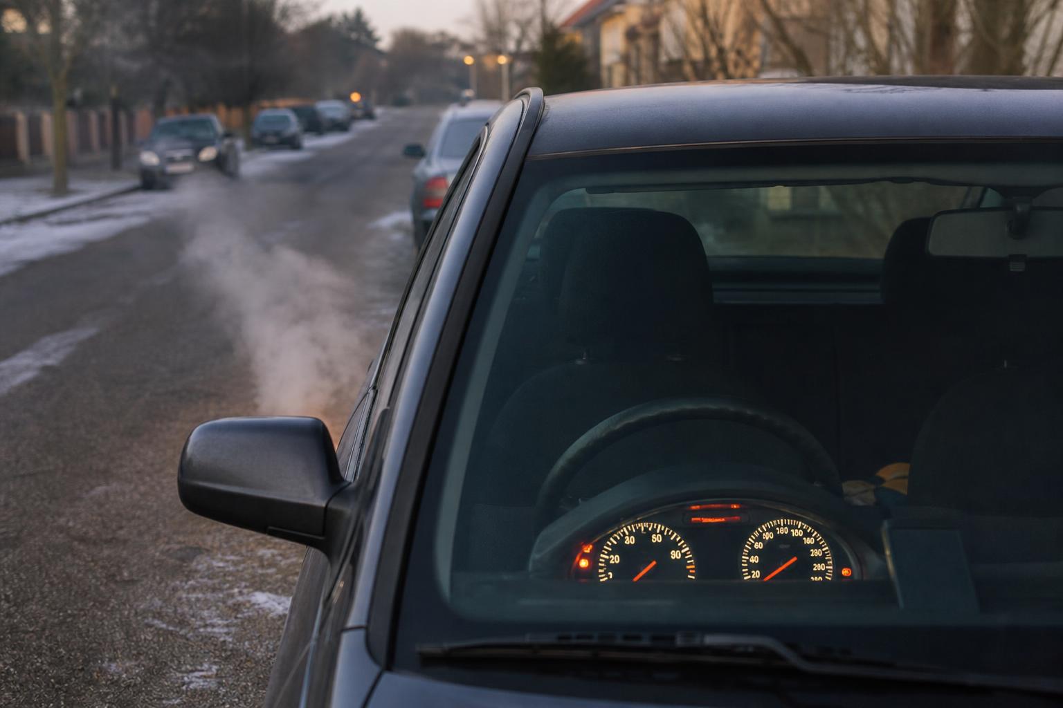 Járó motorral parkoló autó műszerfala és enyhe kipufogógőze lakóutcában