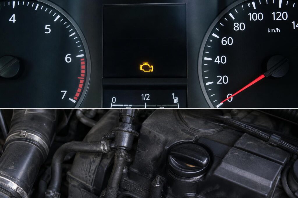 Autómotor kartergáz-szellőztető rendszere és olajbetöltő sapkája közeli képen