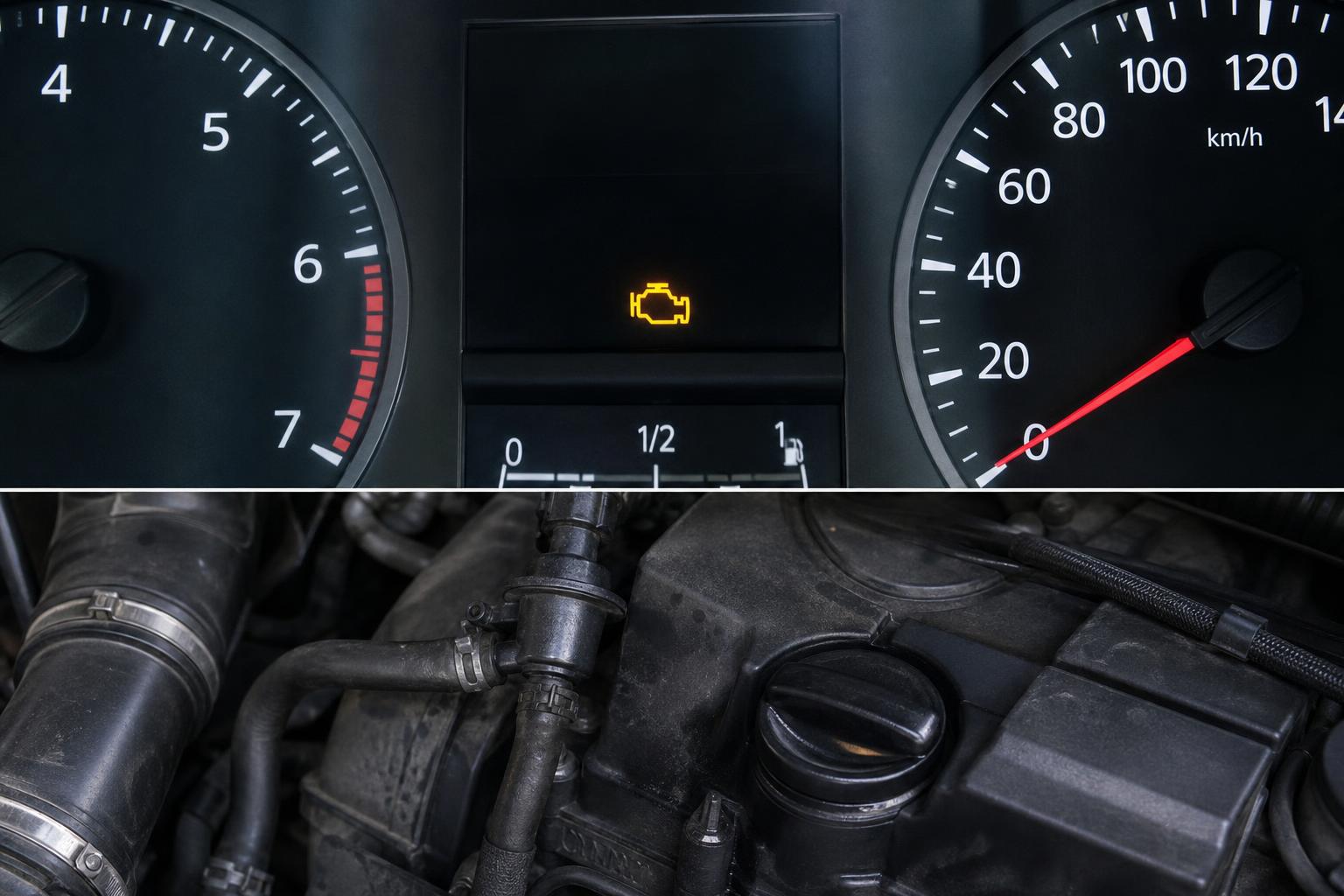 Autómotor kartergáz-szellőztető rendszere és olajbetöltő sapkája közeli képen