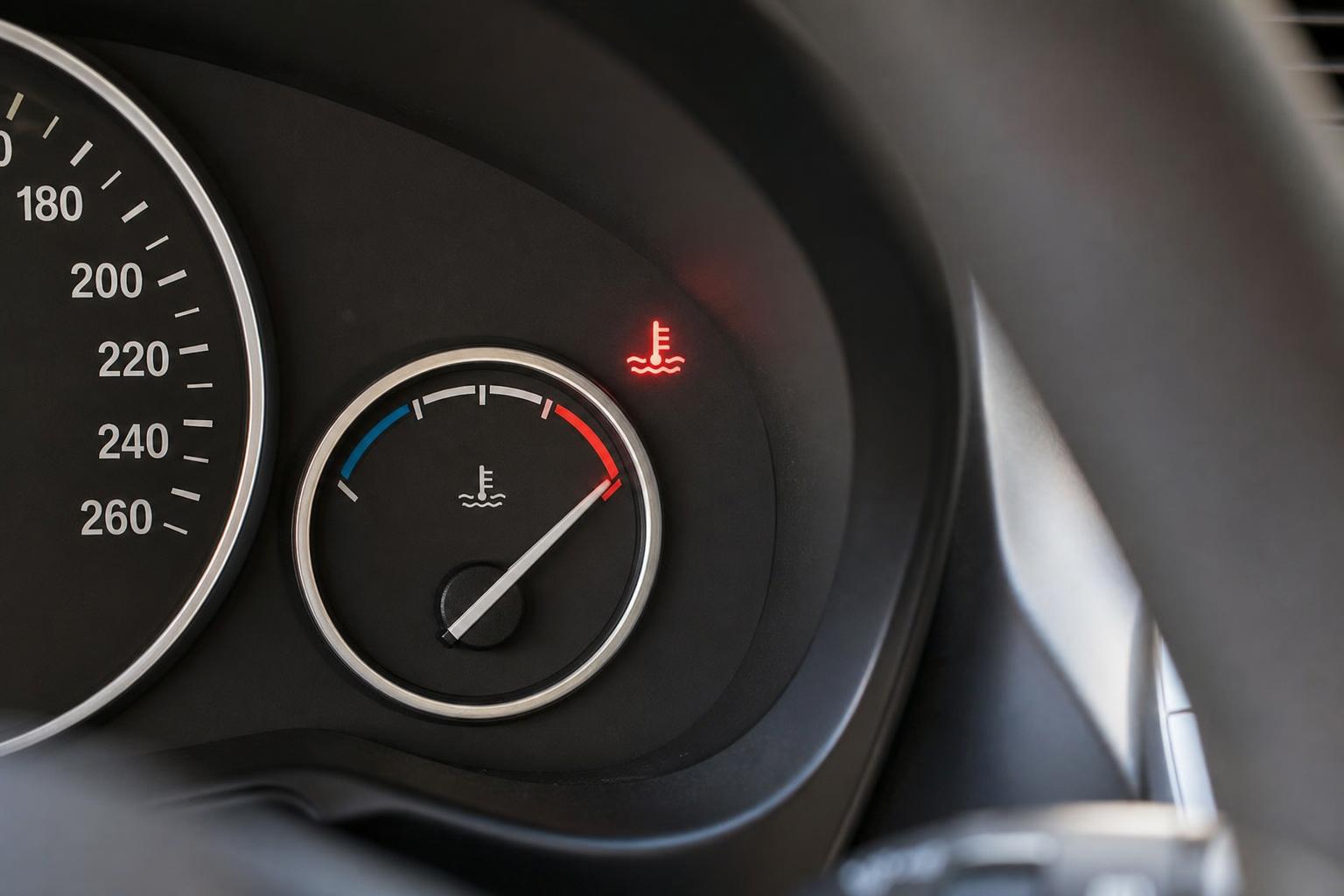 Autó műszerfala magas motorhőmérsékletet és piros hűtőfolyadék-hőmérséklet jelzést mutat