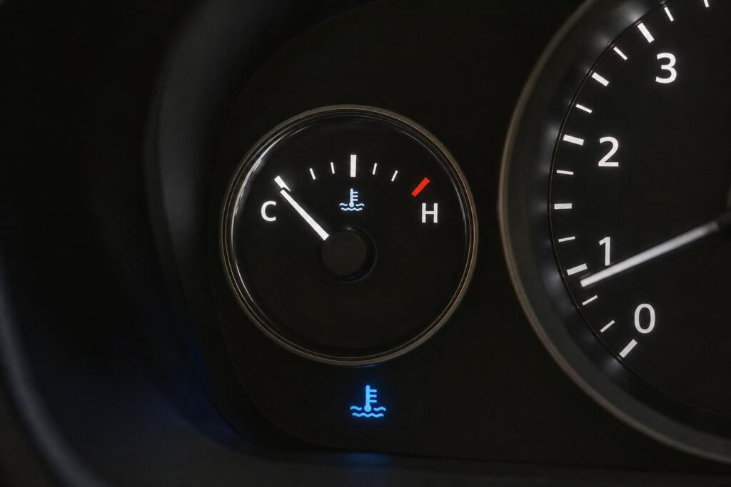 Autó műszerfalának közeli képe alacsony motorhőmérsékletet mutató hőfokmérővel