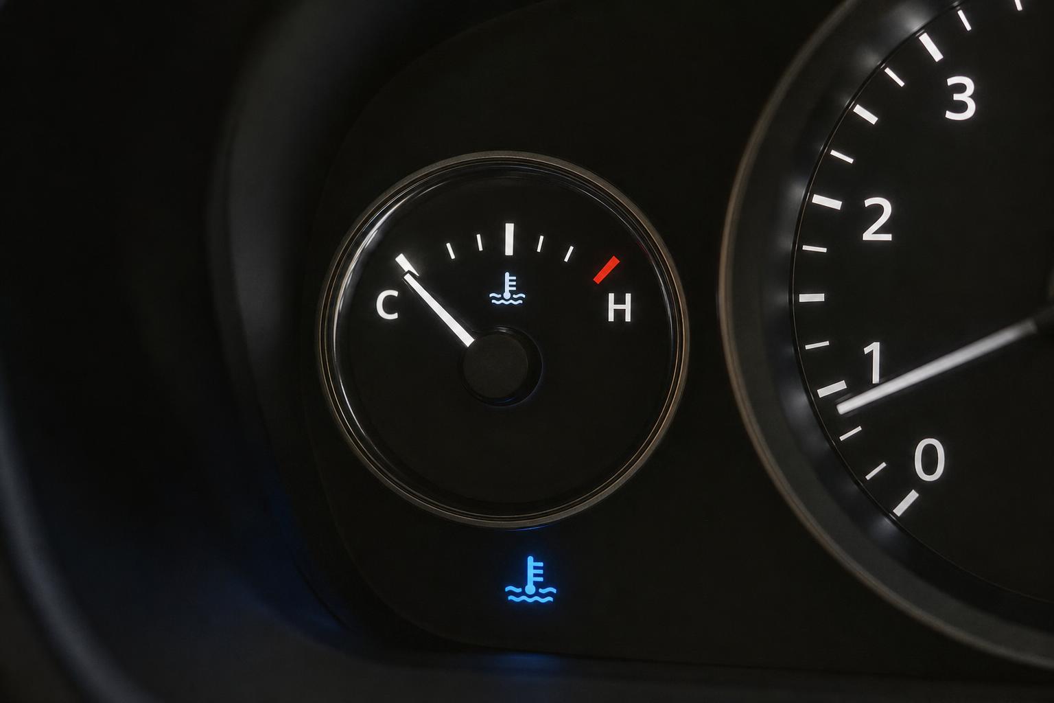 Autó műszerfalának közeli képe alacsony motorhőmérsékletet mutató hőfokmérővel