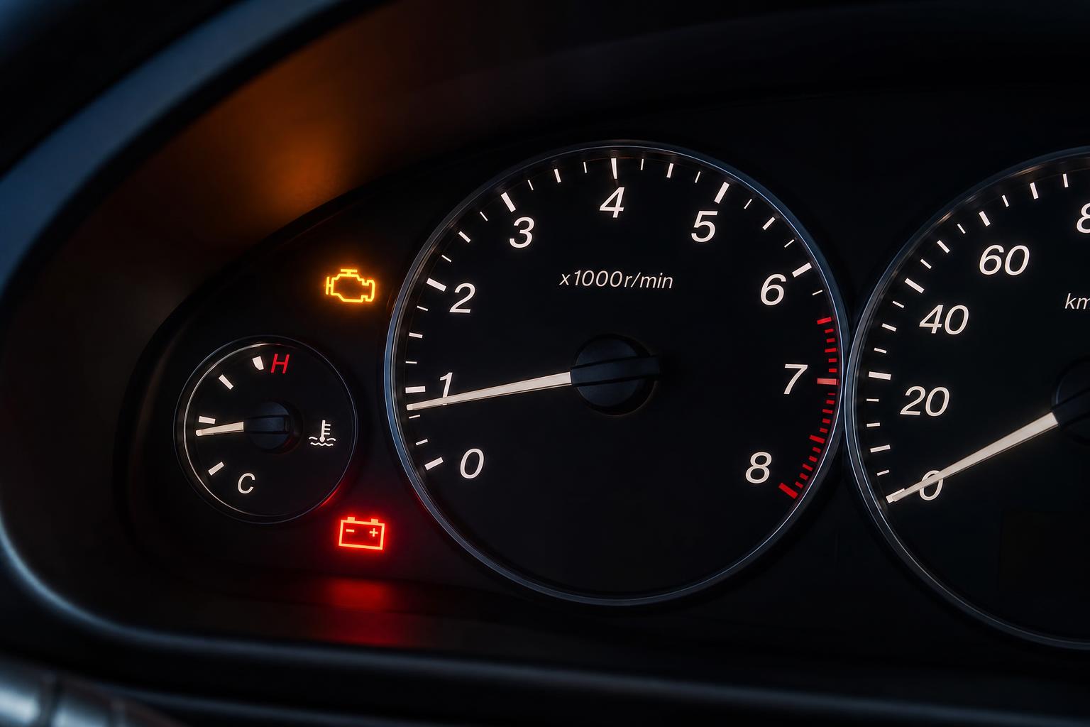 Autó műszerfala alacsony alapjárati fordulatszámmal és világító motorhiba- valamint töltésjelző ikonnal