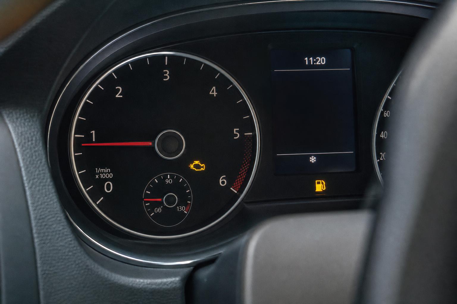 Autó műszerfala világító motorhiba-jelzővel, amikor a motor kuplungoláskor leállhat