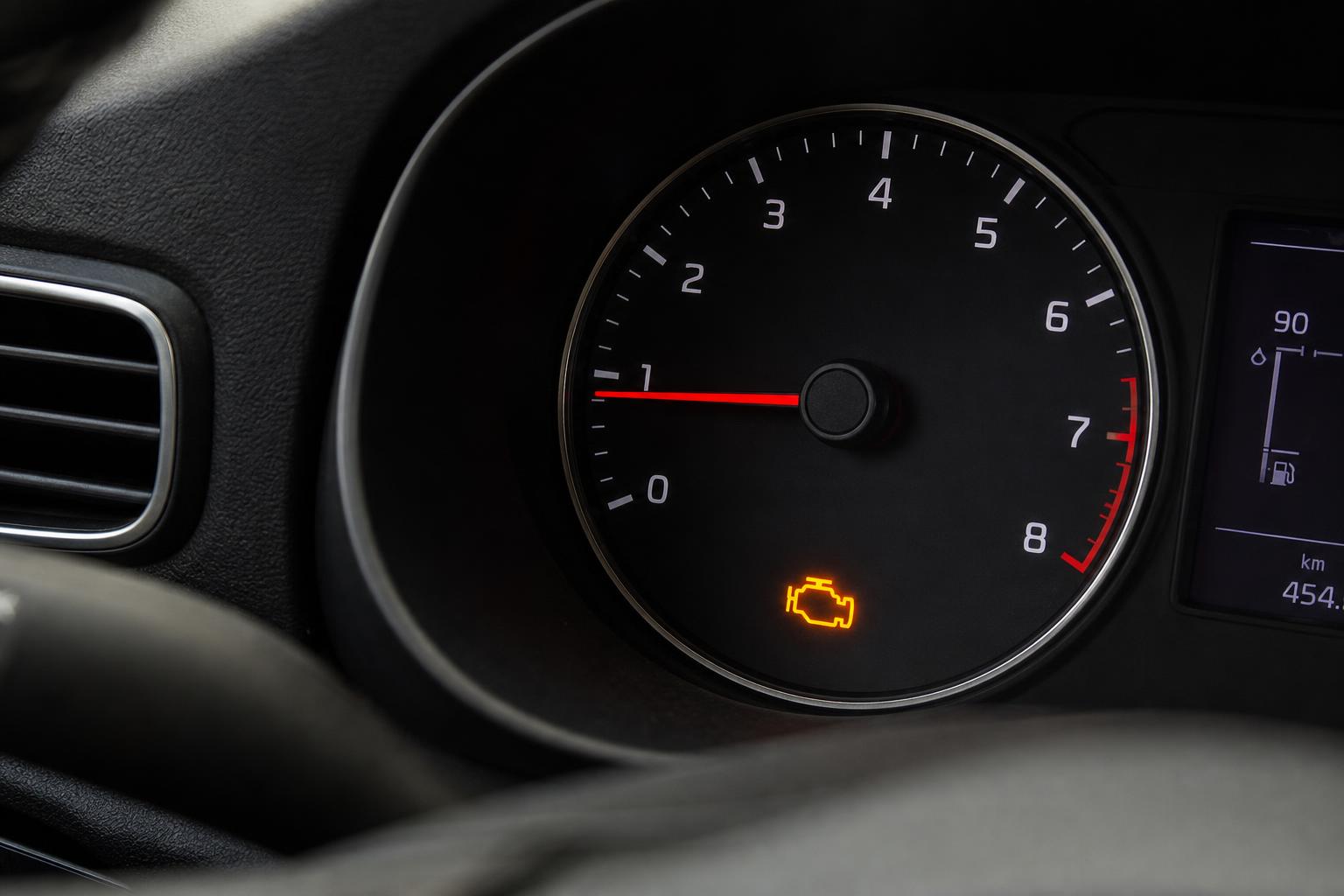 Autó műszerfalának közeli képe világító motorhiba-jelző ikonnal