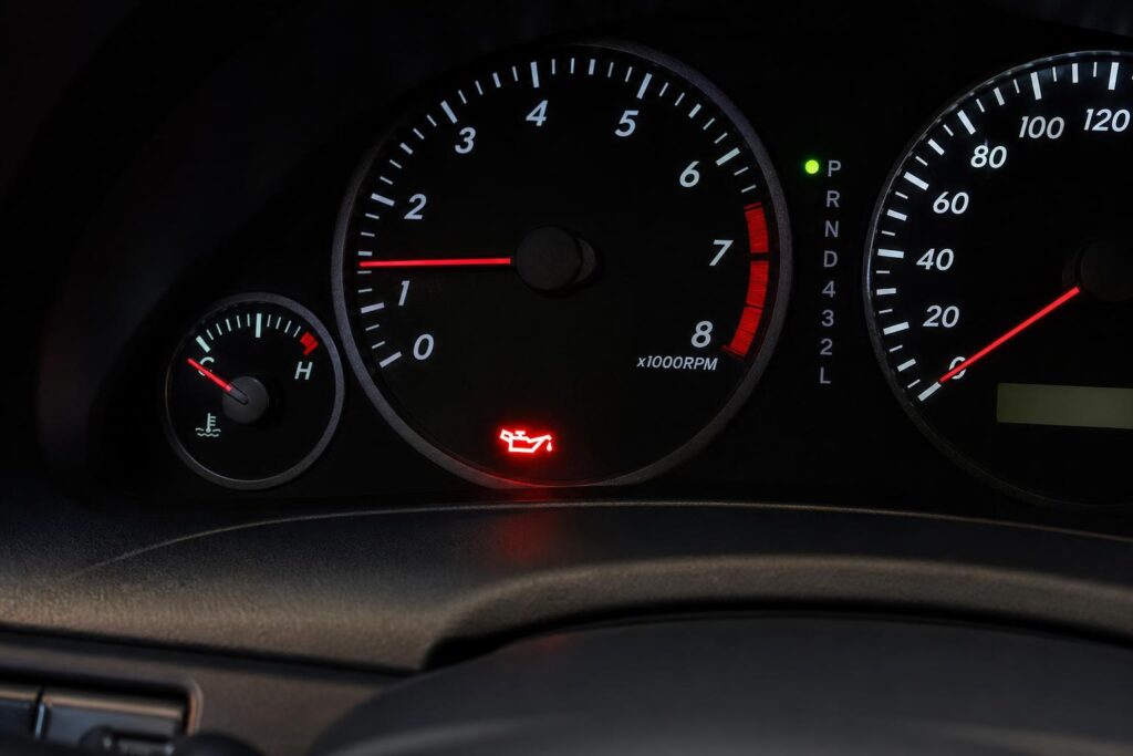 Meleg motorhoz kapcsolódó olajnyomás-visszajelzővel látható autóműszerfal közeli képe