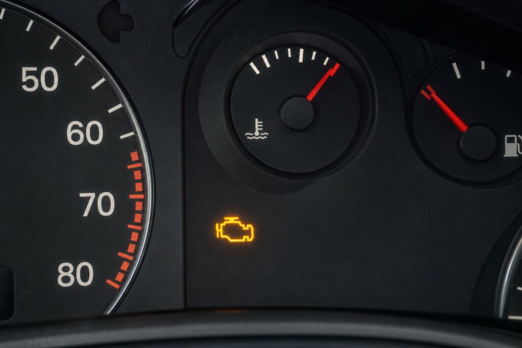 Autó műszerfala emelkedő motorhőmérsékletet és világító motorhiba-jelzőt mutat
