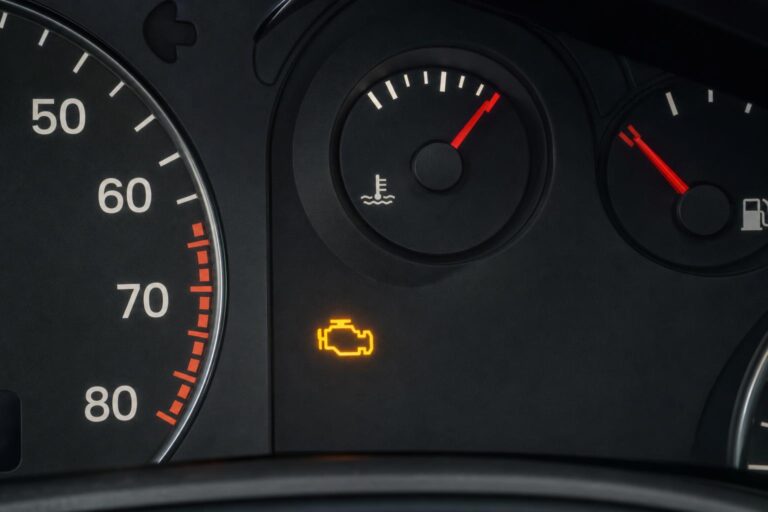 Autó műszerfala emelkedő motorhőmérsékletet és világító motorhiba-jelzőt mutat