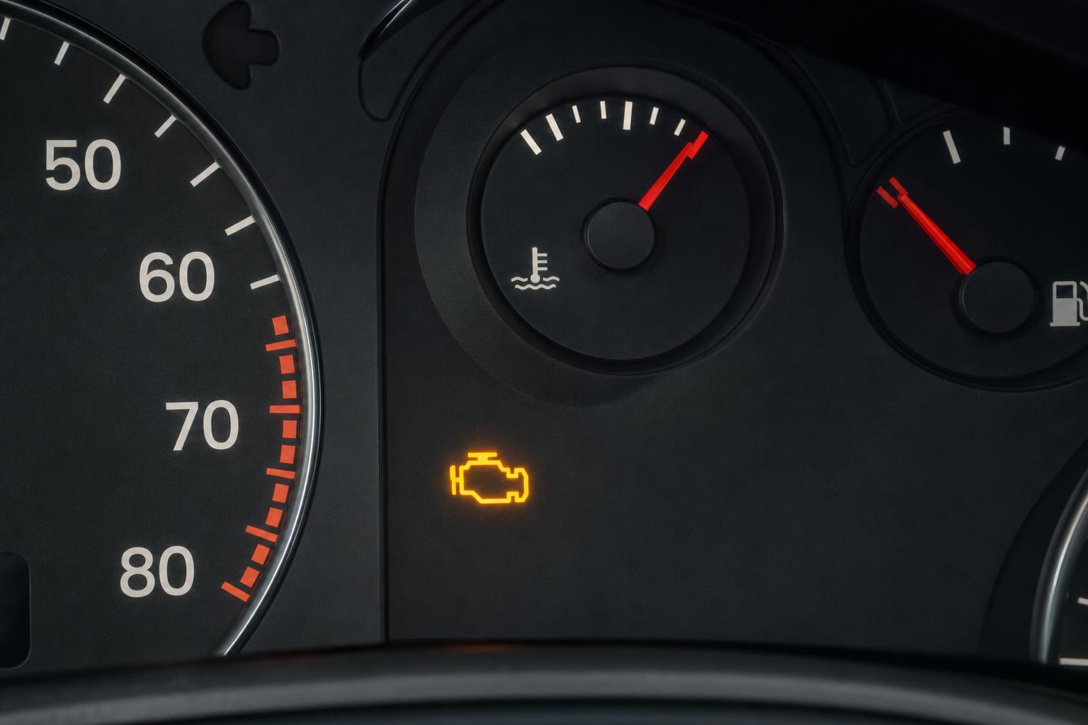Autó műszerfala emelkedő motorhőmérsékletet és világító motorhiba-jelzőt mutat