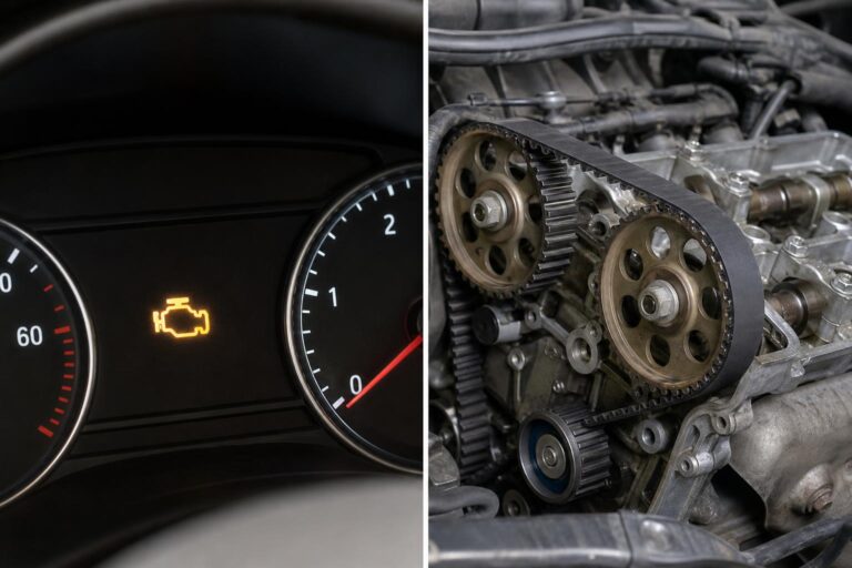 Vezérműszíj és a motor vezérlésének közeli, élethű képe egy autó motorterében