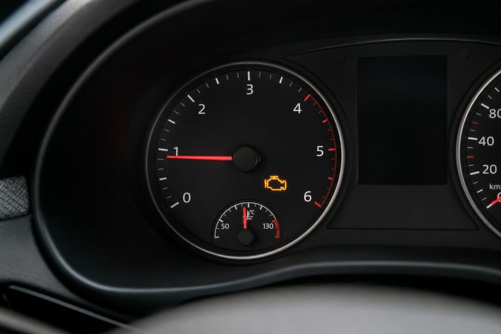 Autó műszerfala alacsony fordulatszámot és világító motorhiba-jelzőt mutat
