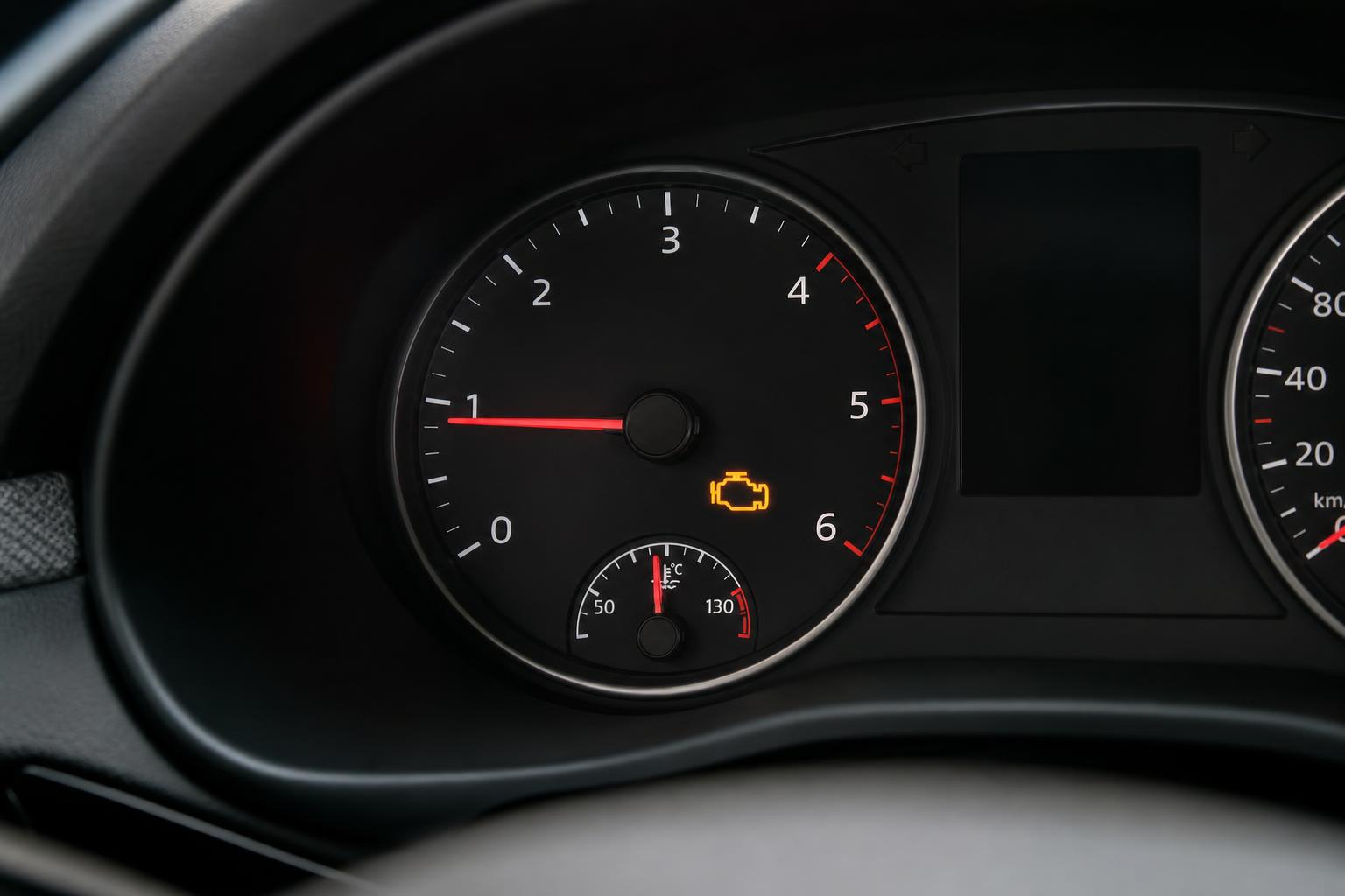 Autó műszerfala alacsony fordulatszámot és világító motorhiba-jelzőt mutat